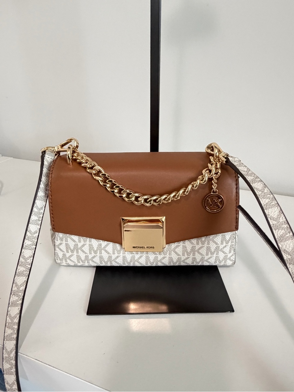 Michael Kors Brown and White MK Logo Chain-Accent Crossbody